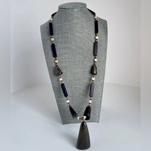 Unique Vintage Long Shell and Agate 1970s Necklace